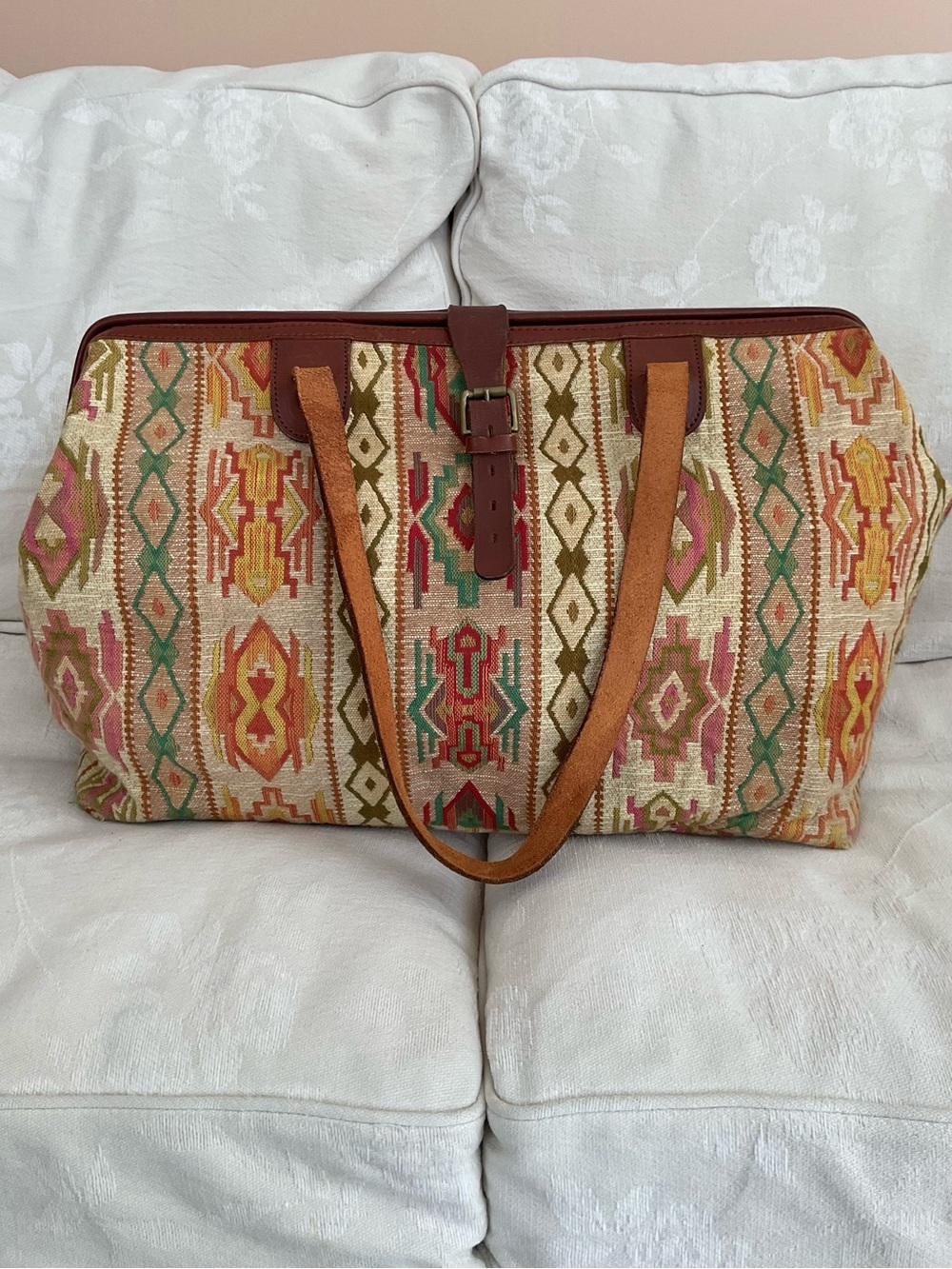 J&M Davidson Vintage Kilim Tapestry Leather Oversized Weekender Tote England